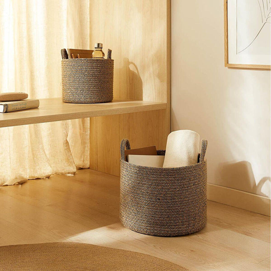 Ocean Home Textile 2'li Siyah Kırçıllı Jüt Halat Sepet Set 26 X 22 / 35 X 27 Cm