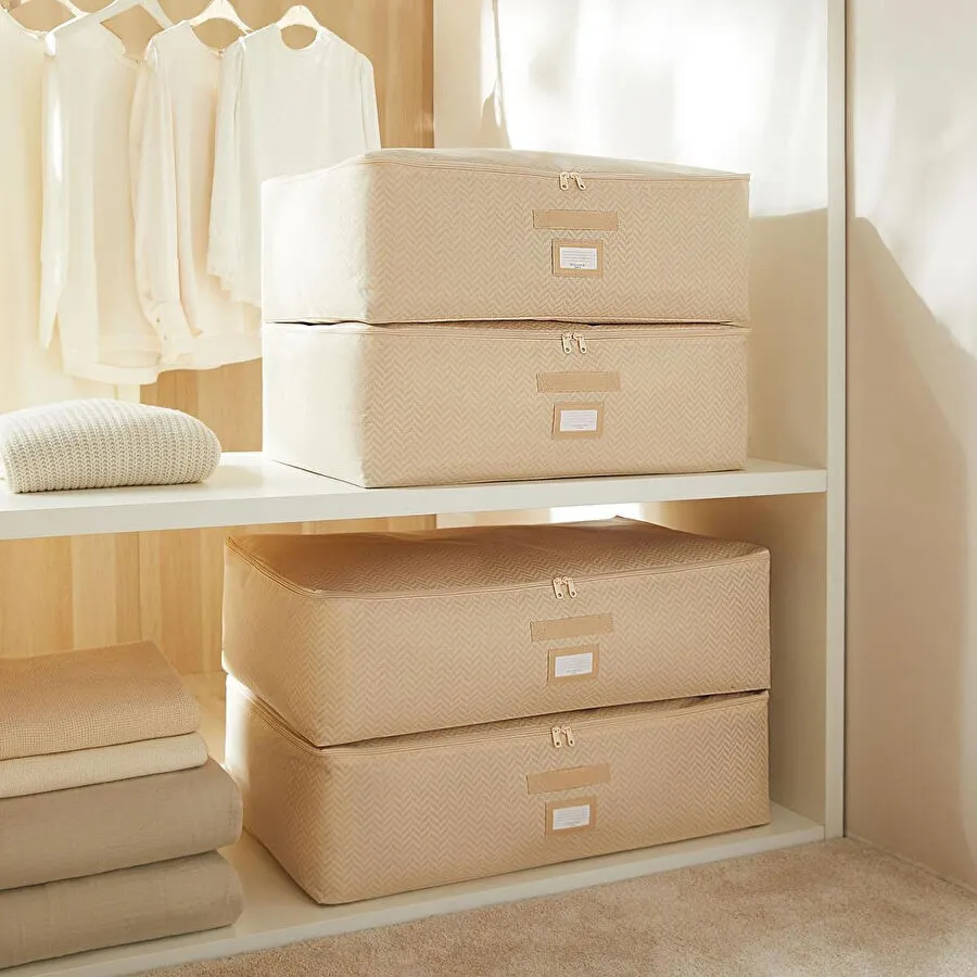 Ocean Home Textile 4'lü Bej Balıksırtı Baza Altı Hurç Set 2 Adet 62 X 46 X 22 / 2 Adet 74 X 46 X 22 Cm