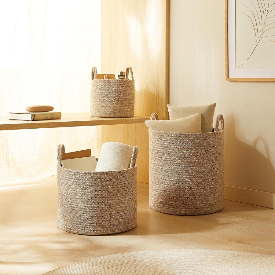 Ocean Home Textile 3'lü Bej Kırçıllı Pamuklu Halat Sepet Set 26 X 22 / 35 X 27 / 40 X 40 Cm