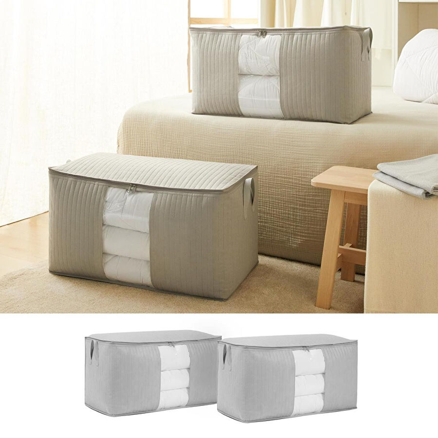 Ocean Home Textile 2'li Mega Boy Pvc Pencereli Gri Renk Kapitone Hurç Set 75 X 40 X 40 Cm