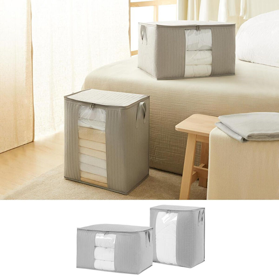 Ocean Home Textile 2'li Pvc Pencereli Gri Renk Kapitone Hurç Set 1 Adet 45 X 30 X 50 / 1 Adet 60 X 43 X 35 Cm