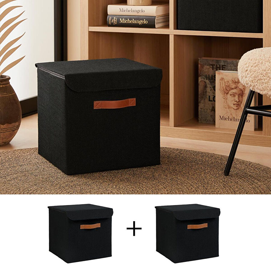 Ocean Home Textile 2'li Siyah Renk Jüt Kapaklı Kutu Set 30 X 30 X 30 Cm