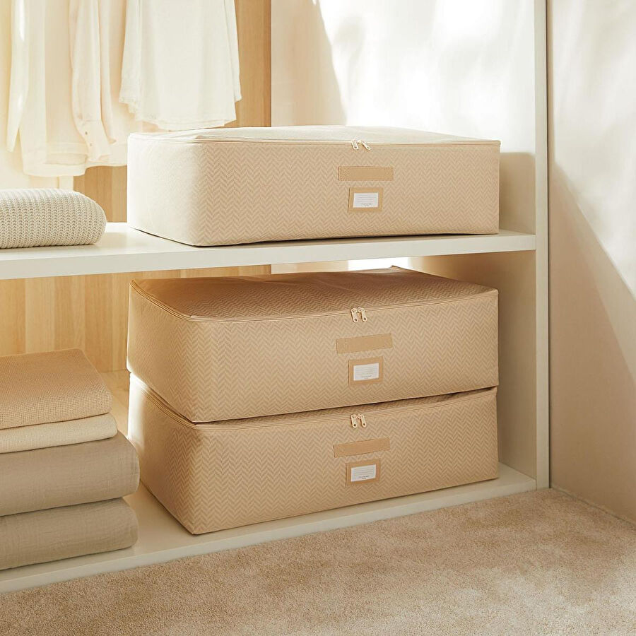 Ocean Home Textile 3'lü Mega Boy Bej Balıksırtı Baza Altı Hurç Set 74 X 46 X 22 Cm