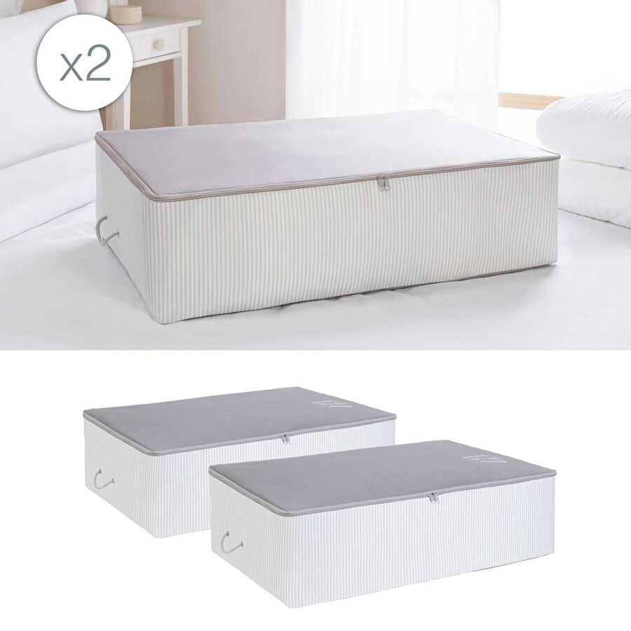 Ocean Home Textile 2 Adet Mega Boy Gri Çizgili Stuff&things Baza Altı Hurç Set 74 X 46 X 22 Cm