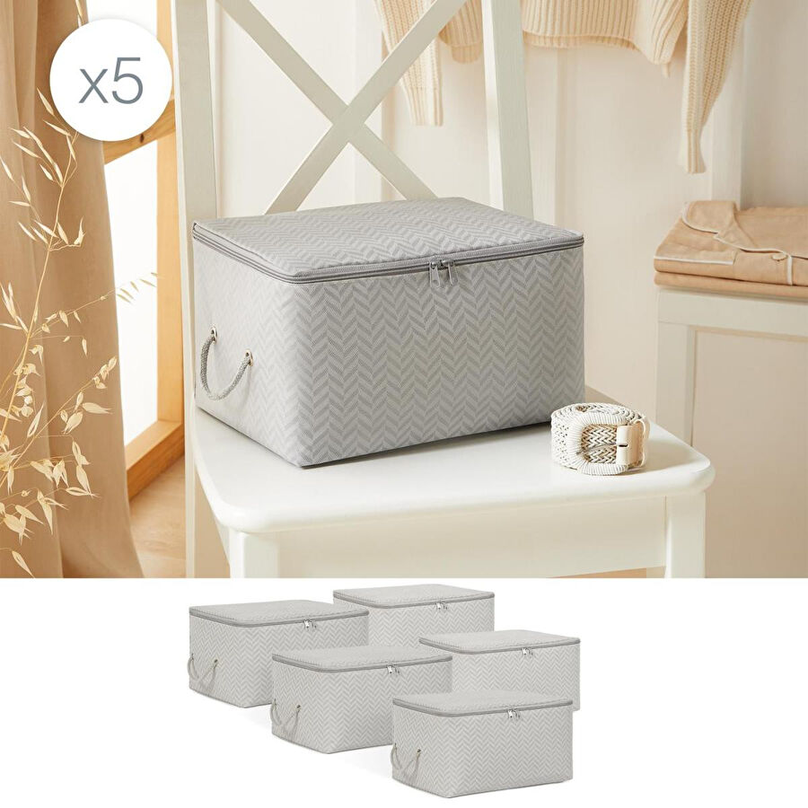 Ocean Home Textile 5'li Küçük Boy Gri Balıksırtı Hurç Set 30 X 22 X 18 Cm