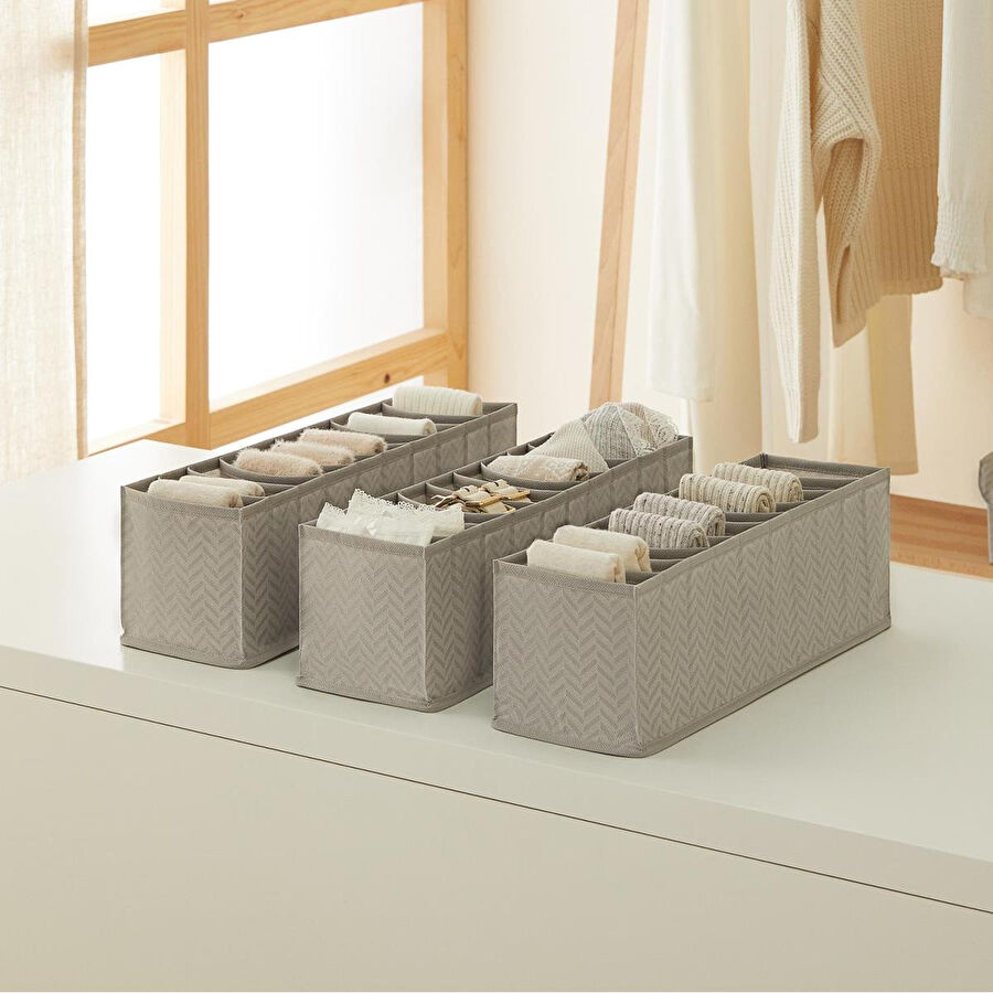 Ocean Home Textile 3'lü 10 Bölmeli Gri Balıksırtı Çekmece Düzenleyici Set
