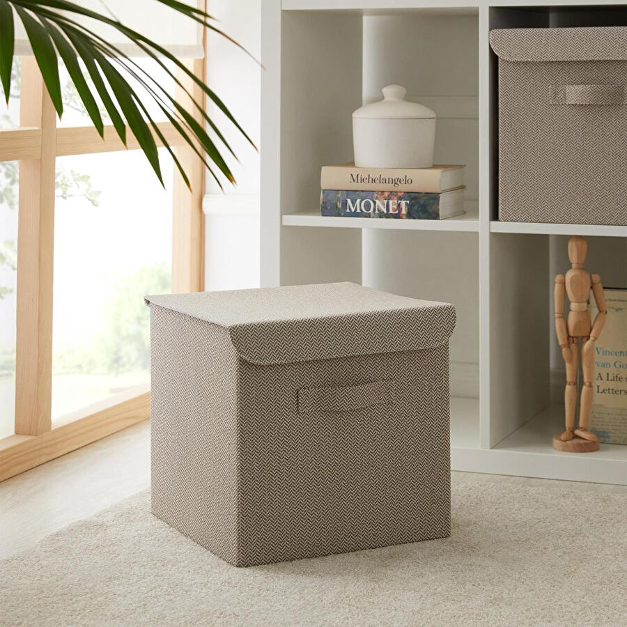 Ocean Home Textile Bej Renk Dokulu Kumaş Kapaklı Kutu 30 X 30 X 30 Cm