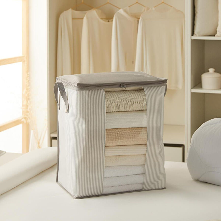 Ocean Home Textile Pvc Pencereli Gri Çizgili Stuff & Things Hurç 45 X 30 X 50 Cm