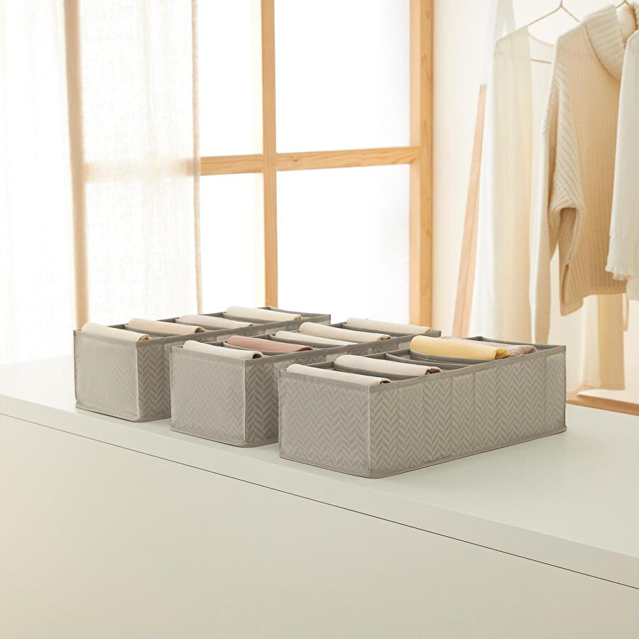 Ocean Home Textile 3'lü 8 Bölmeli Gri Balıksırtı Çekmece Düzenleyici Set