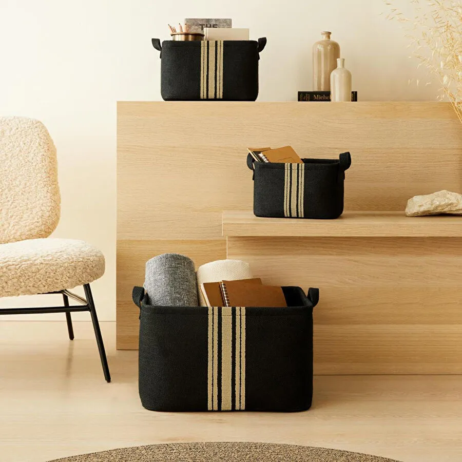 Ocean Home Textile 3'lü Çizgili Siyah Renk Jüt Sepet Set 24 X 17 X 14 / 30 X 21 X 18 / 42 X 31 X 25 Cm