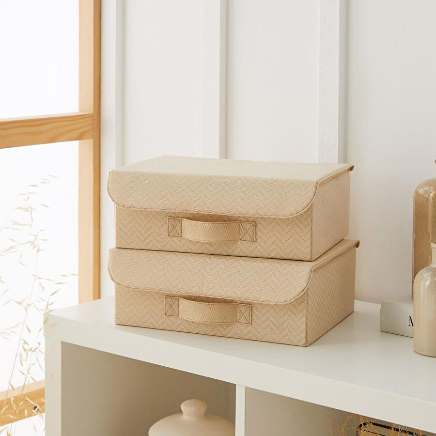 Ocean Home Textile 2'li Bej Balıksırtı Kapaklı Kutu Set 30 X 23 X 11 Cm