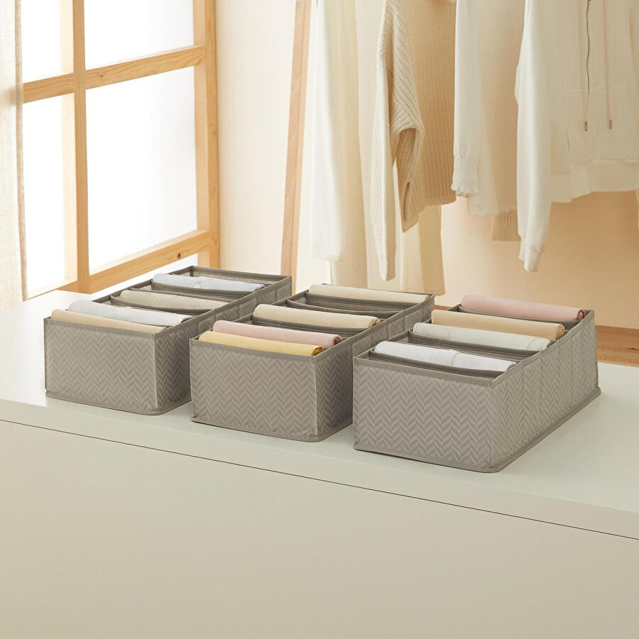 Ocean Home Textile 3'lü 7 Bölmeli Gri Balıksırtı Çekmece Düzenleyici Set