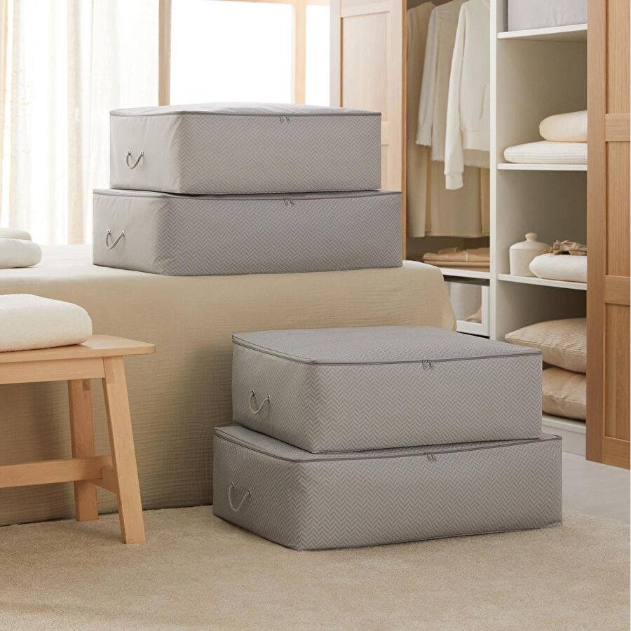 Ocean Home Textile 4'lü Gri Balıksırtı Baza Altı Hurç Set 2 Adet 62 X 46 X 22 / 2 Adet 74 X 46 X 22 Cm