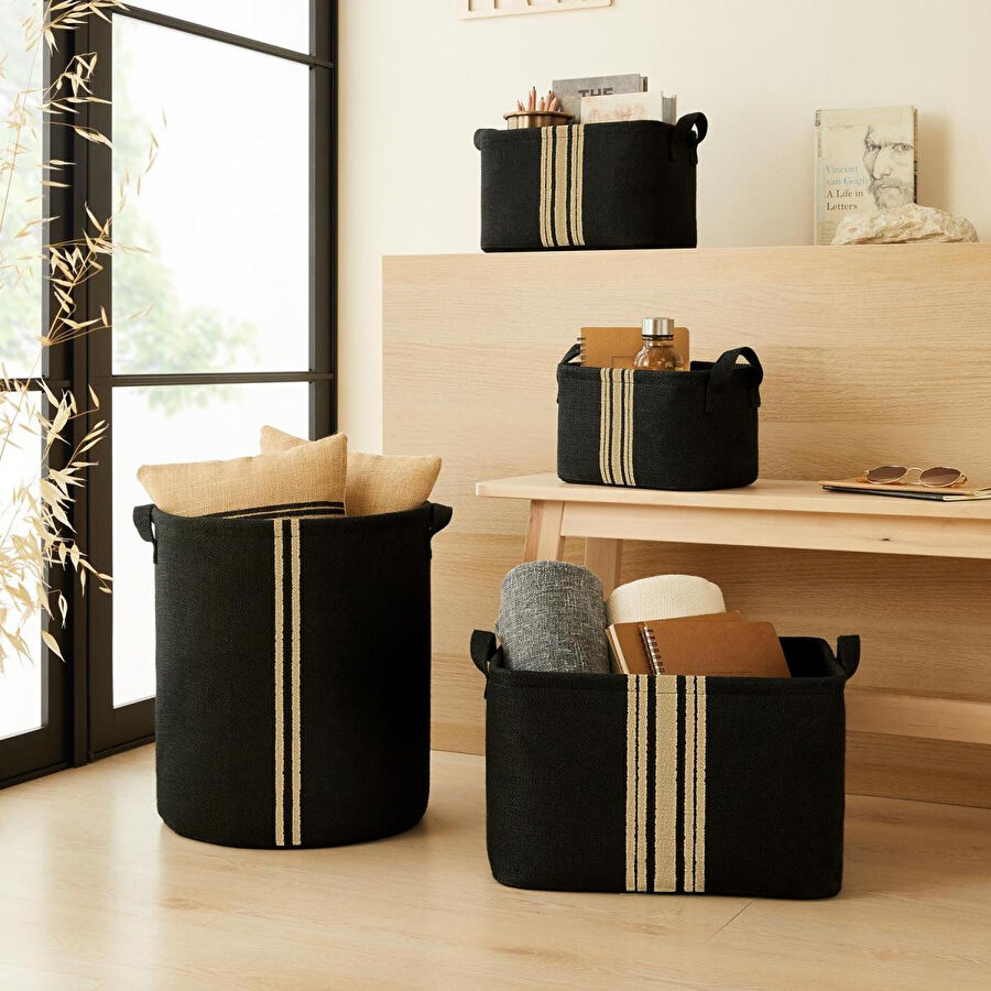 Ocean Home Textile 4'lü Çizgili Siyah Renk Jüt Sepet Set 24 X 17 X 14 / 30 X 21 X 18 / 42 X 31 X 25 / 36 X 40 Cm