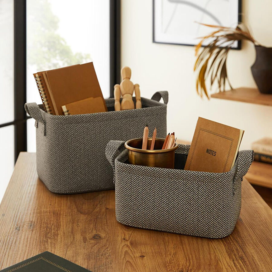 Ocean Home Textile 2'li Antrasit Renk Dokulu Kumaş Sepet Set 24 X 17 X 12 / 30 X 21 X 18 Cm