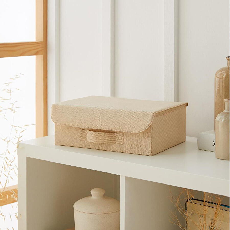 Ocean Home Textile Çekmece İçi Bej Balıksırtı Kapaklı Kutu 30 X 23 X 11 Cm