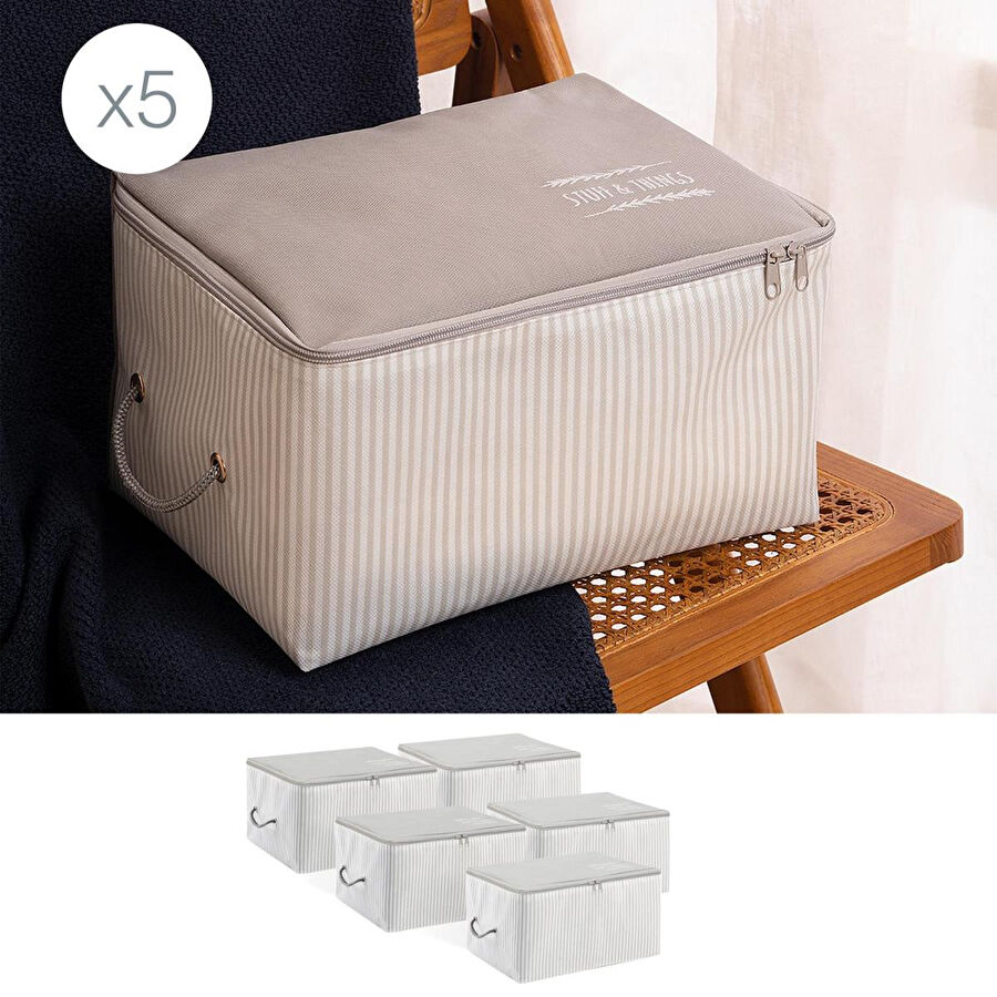 Ocean Home Textile 5'li Küçük Boy Gri Çizgili Stuff & Things Hurç Set 30 X 22 X 18 Cm