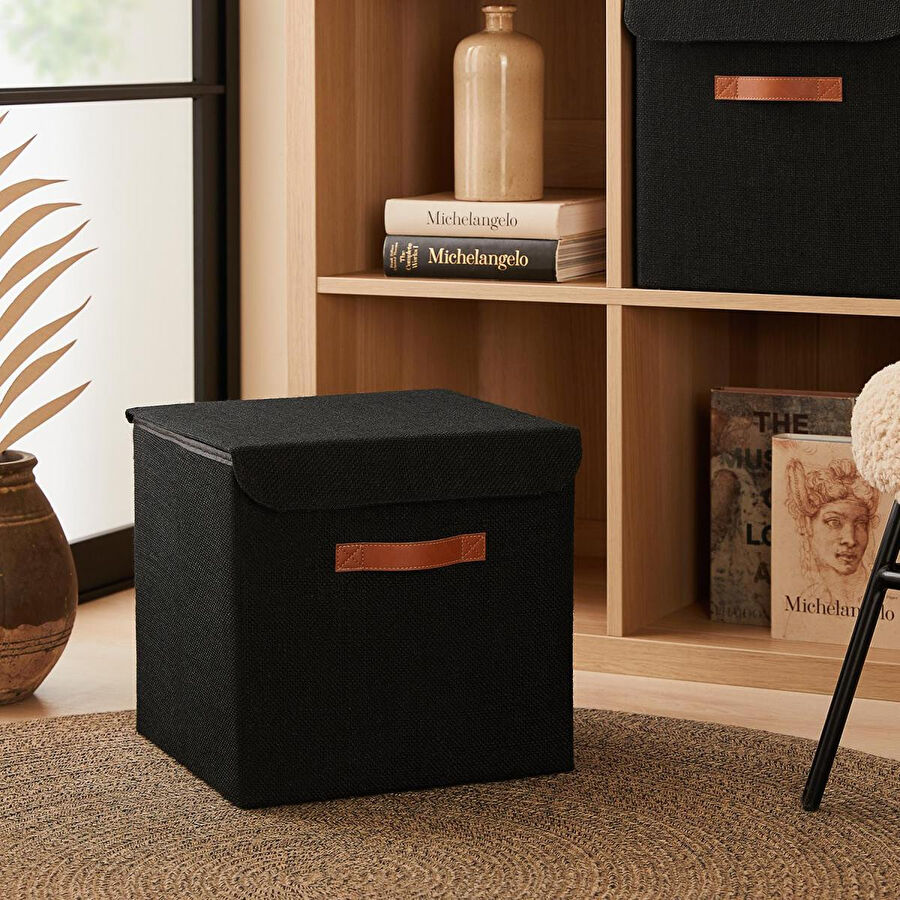Ocean Home Textile Siyah Renk Jüt Kapaklı Kutu 30 X 30 X 30 Cm