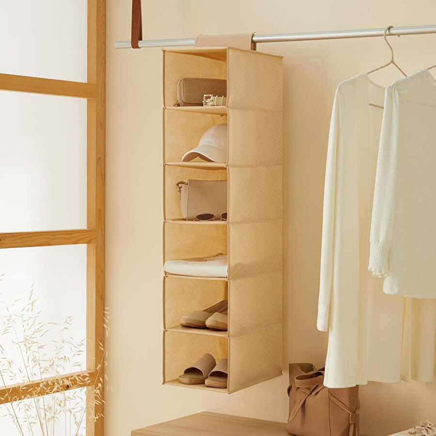 Ocean Home Textile 6 Katlı Bej Balıksırtı Dolap İçi Düzenleyici 21 X 30 X 95 Cm