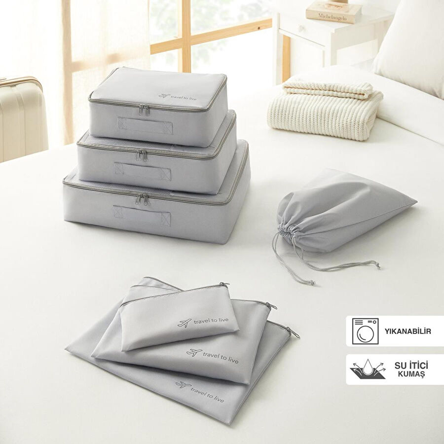 Ocean Home Textile 7'li Yıkanabilir Gri Renk Paraşüt Kumaş Bavul İçi Düzenleyici Set