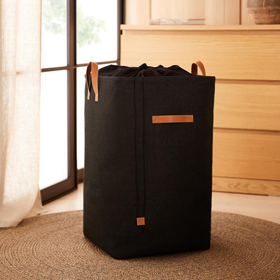 Ocean Home Textile Ağzı Büzgülü Siyah Renk Jüt Çamaşır Sepeti 36 X 36 X 57 Cm