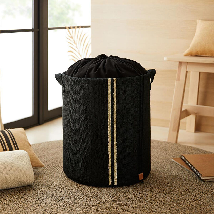 Ocean Home Textile Ağzı Büzgülü Çizgili Siyah Renk Jüt Çamaşır Sepeti 36 X 40 Cm