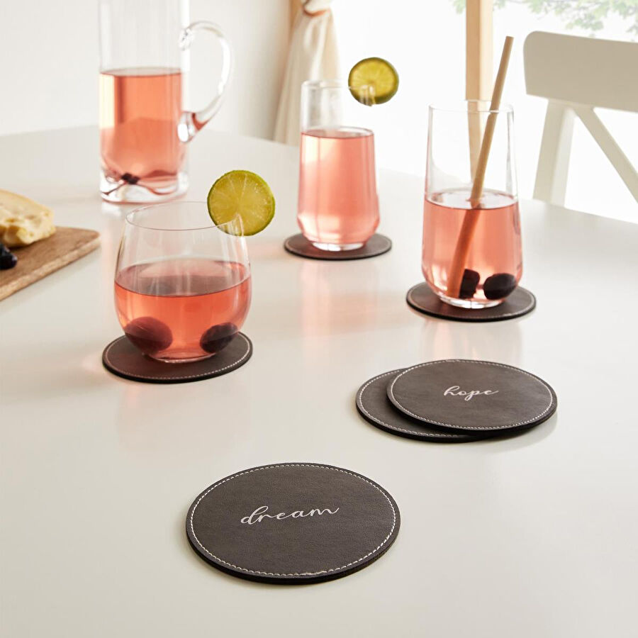 Ocean Home Textile 6'li Gri Renk Deri Bardak Altlığı Ø 10 Cm