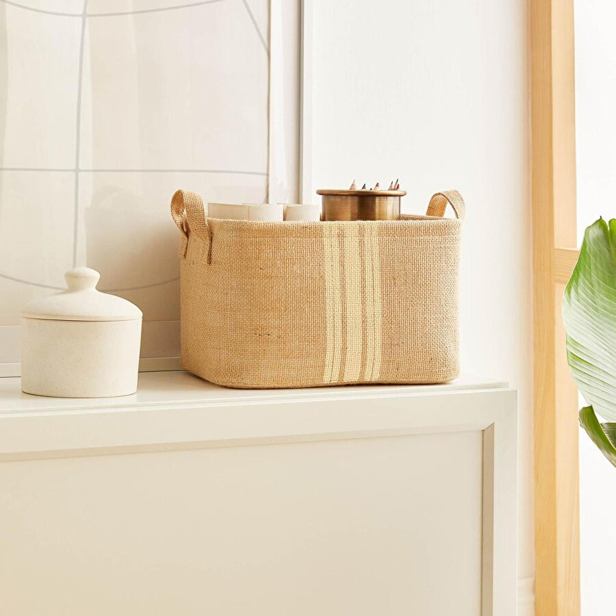 Ocean Home Textile Çizgili Jüt Sepet 30 X 21 X 18 Cm