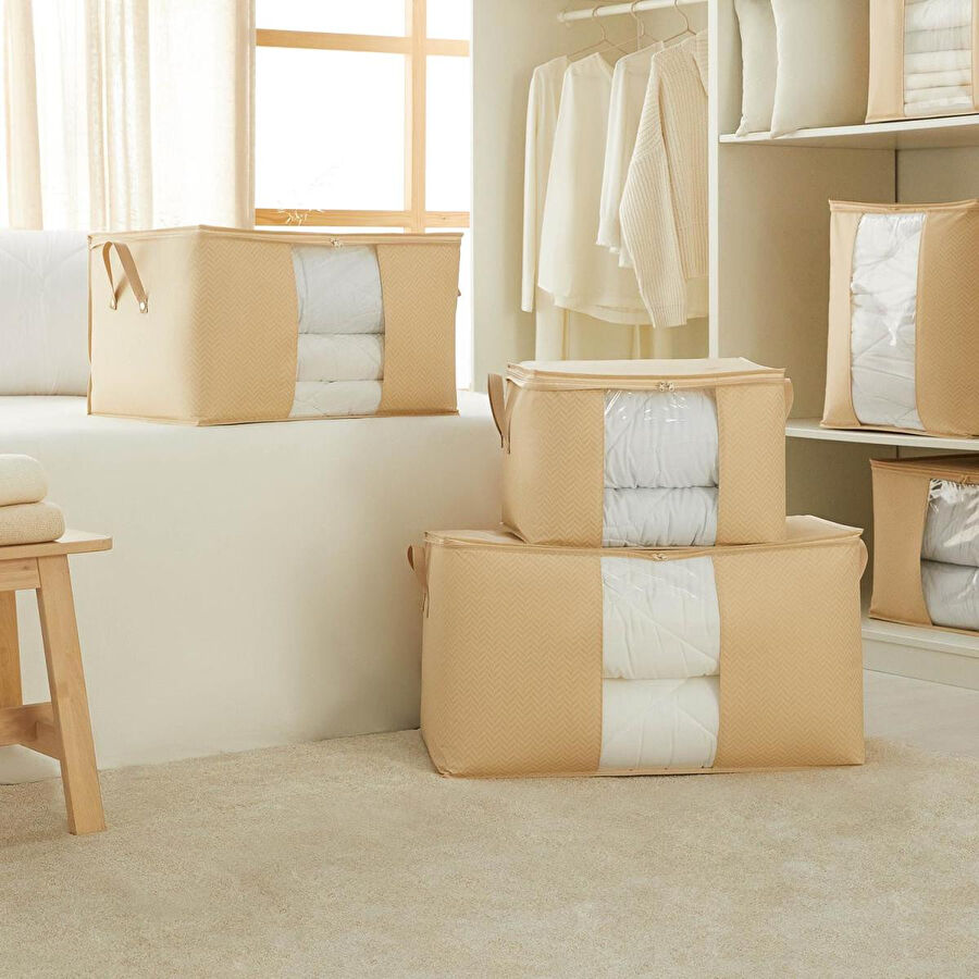 Ocean Home Textile 3'lü Pvc Pencereli Bej Balıksırtı Hurç Set