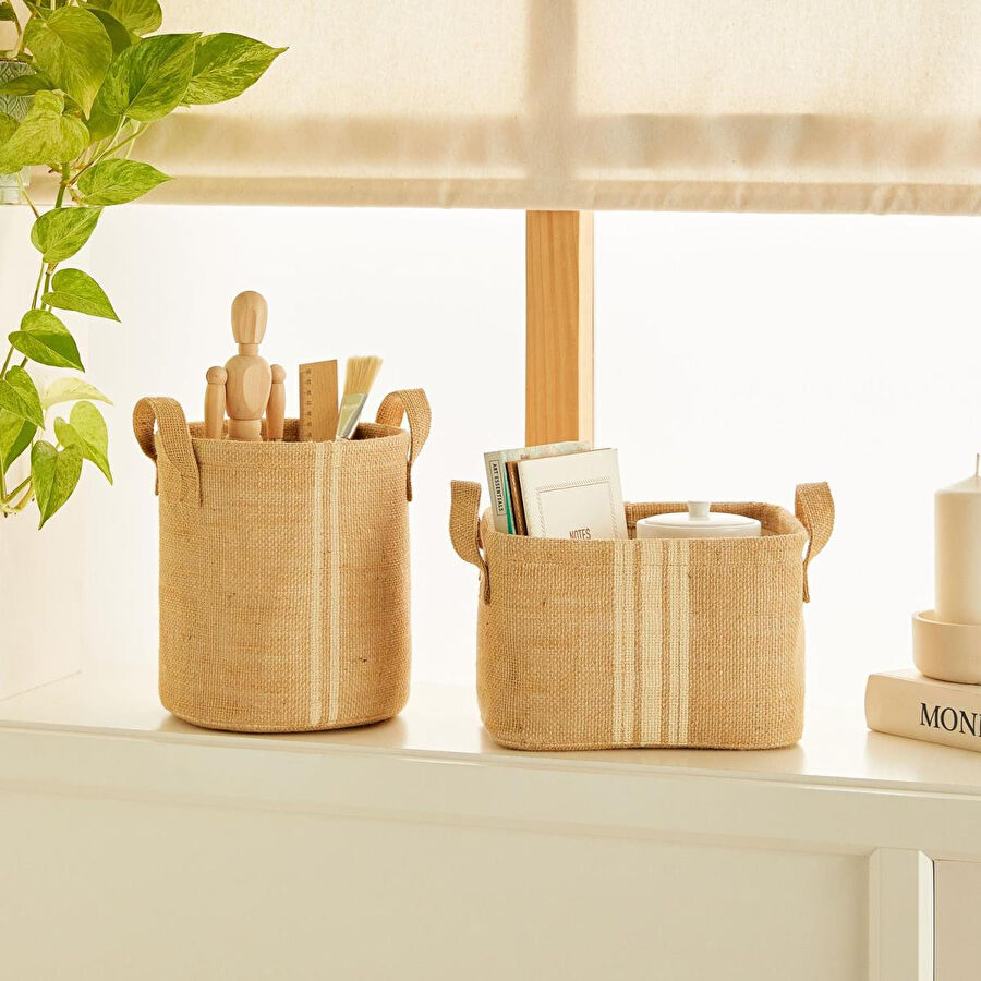Ocean Home Textile 2'li Çizgili Jüt Sepet Set 1 Adet 20 X 20 / 1 Adet 24 X 17 X 14 Cm