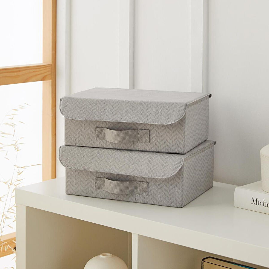 Ocean Home Textile 2'li Gri Balıksırtı Kapaklı Kutu Set 30 X 23 X 11 Cm