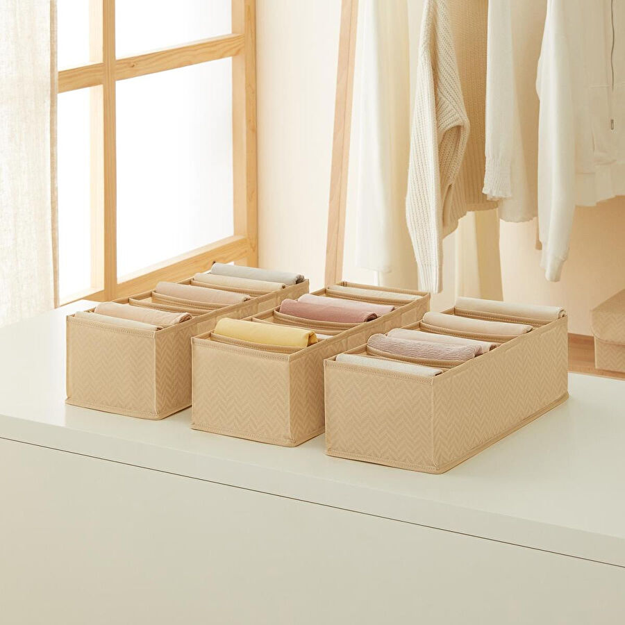 Ocean Home Textile 3'lü 8 Bölmeli Bej Balıksırtı Çekmece Düzenleyici Set