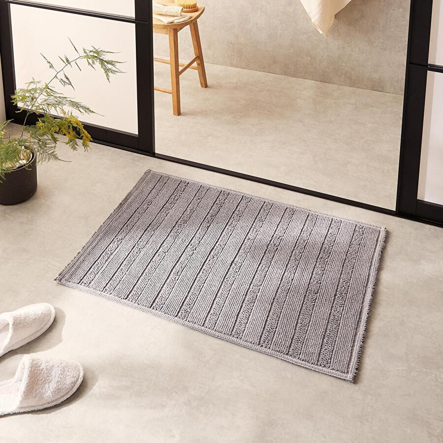 Ocean Home Textile Yıkanabilir Pamuklu Gri Renk Çizgi Desen Banyo Paspası 60 X 90 Cm
