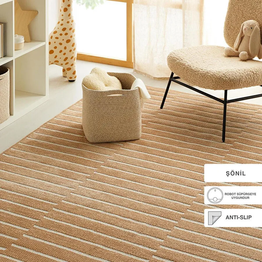 Ocean Home Textile Bej Renk Çizgi Desenli Şönil Halı Kilim 160 X 230 Cm