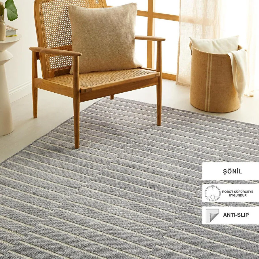 Ocean Home Textile Gri Renk Çizgi Desenli Şönil Halı Kilim 160 X 230 Cm