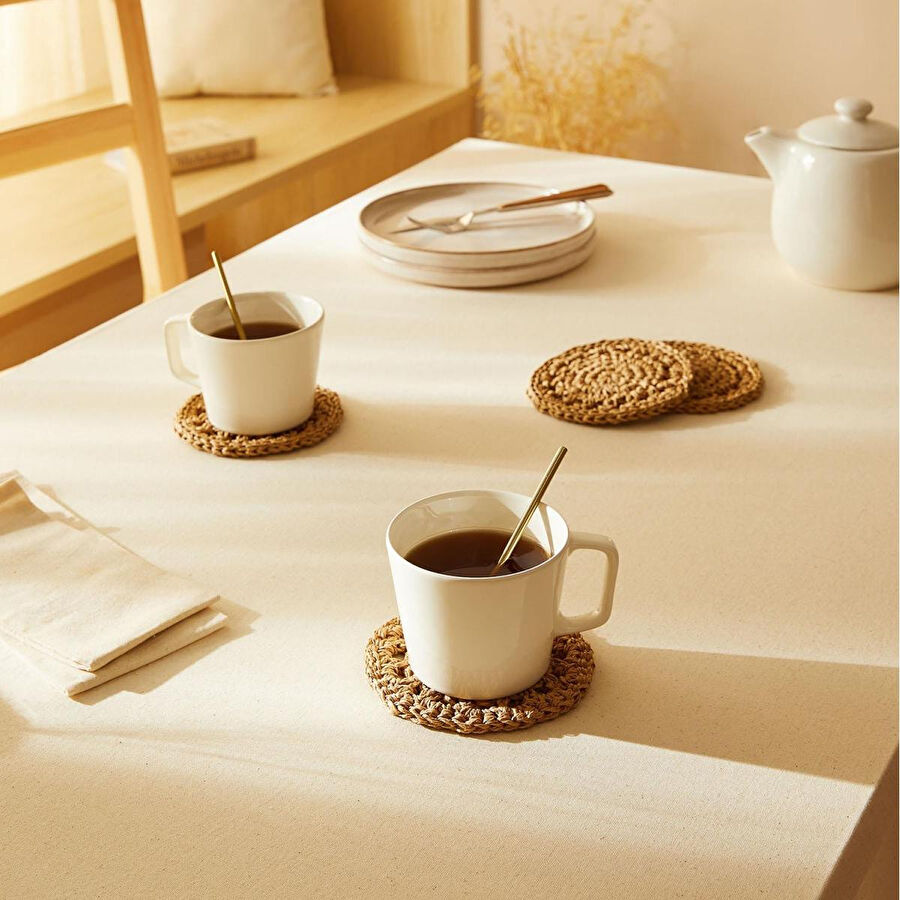 Ocean Home Textile 4'lü Bej Renk Motifli Rafya Bardak Altlığı Ø 11 Cm