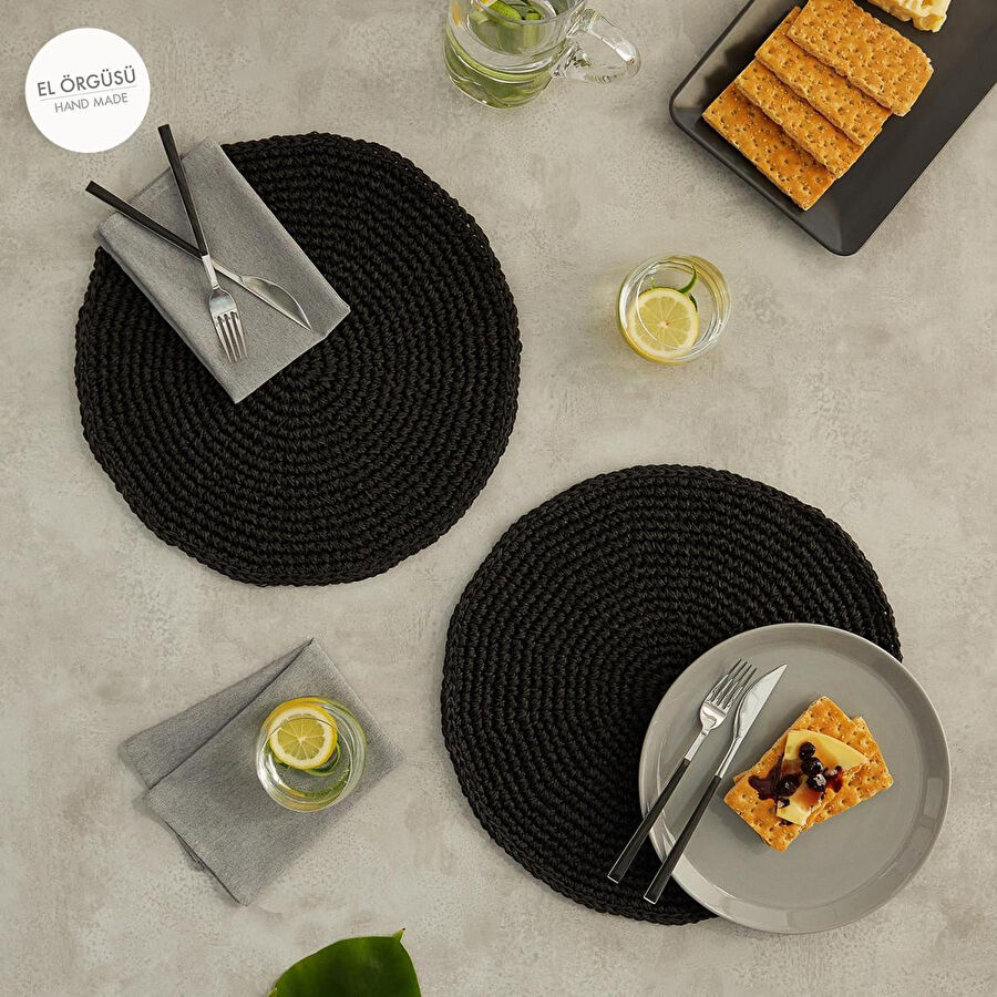 Home Wave Ocean Home Textile 2'li Siyah Renk Rafya Amerikan Servis Ø 36 Cm