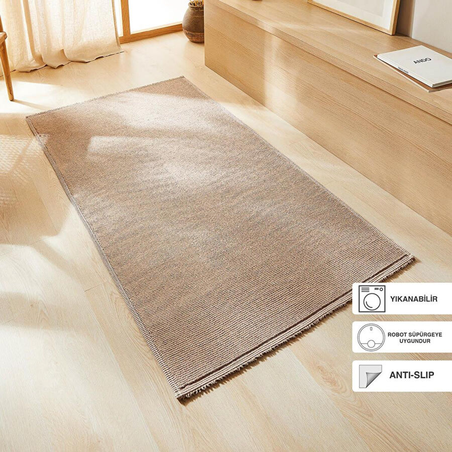 Ocean Home Textile Yıkanabilir Pamuklu Bej Renk Buklet Kilim 120 X 180 Cm