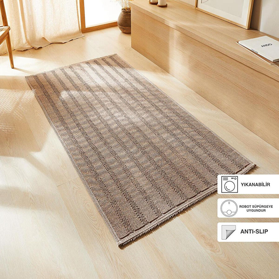 Ocean Home Textile Yıkanabilir Pamuklu Bej Renk Çizgi Desen Kilim 120 X 180 Cm