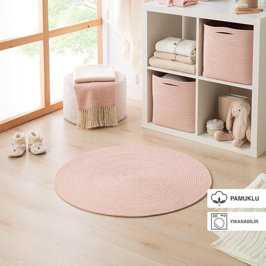 Ocean Home Textile Yıkanabilir Pembe Kırçıllı Pamuklu Halı Kilim Ø 80 Cm