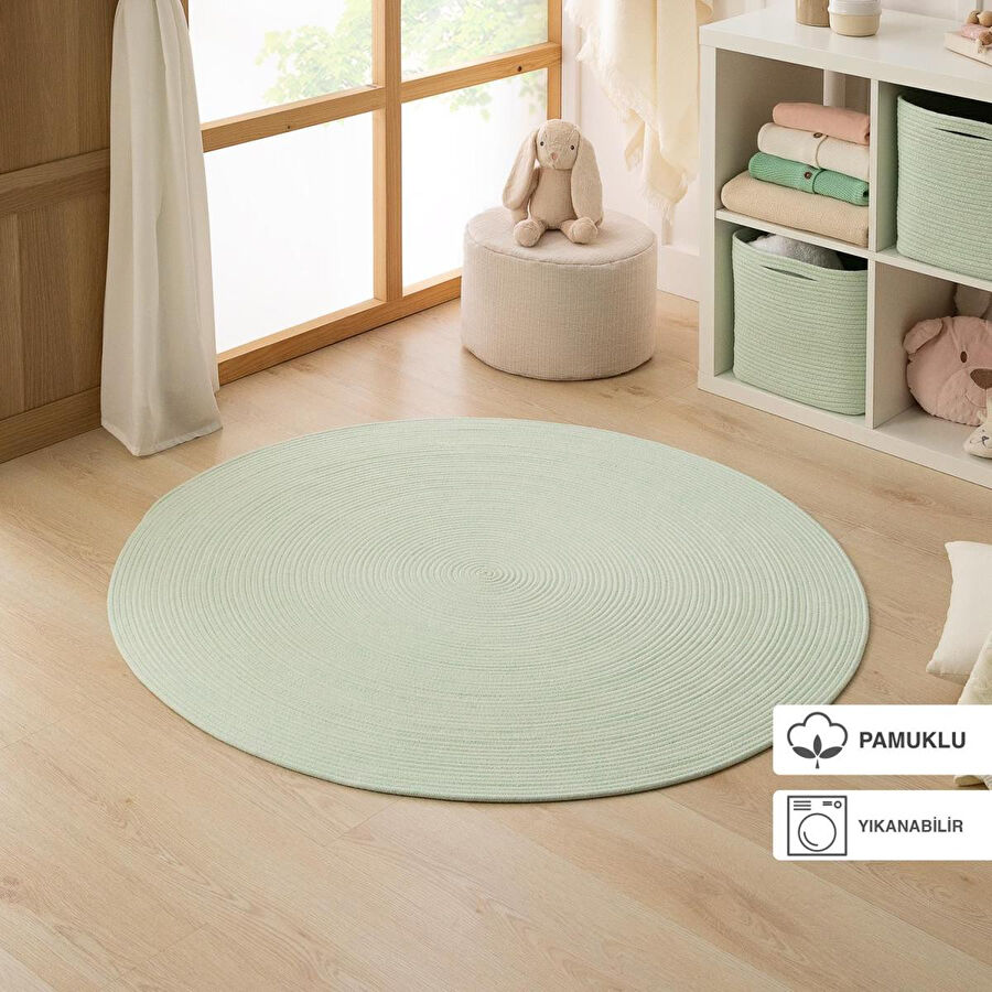Ocean Home Textile Yıkanabilir Mint Kırçıllı Pamuklu Halı Kilim Ø 120 Cm