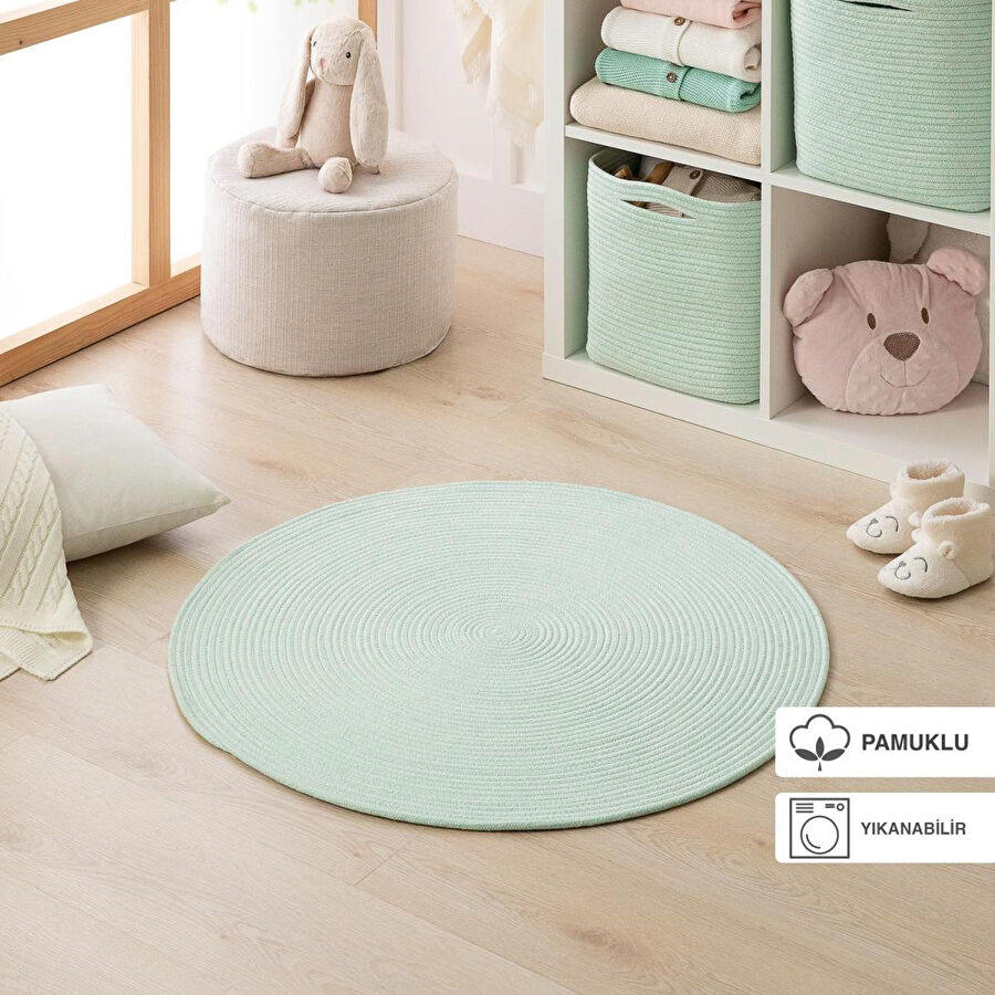 Ocean Home Textile Yıkanabilir Mint Kırçıllı Pamuklu Halı Kilim Ø 80 Cm