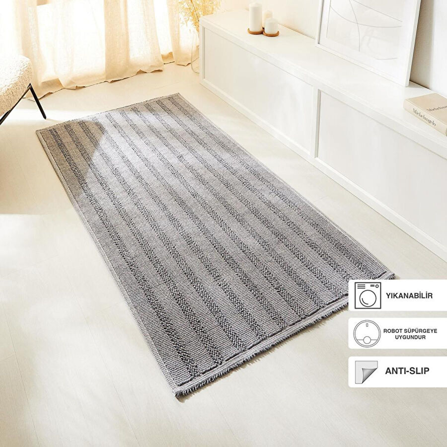 Ocean Home Textile Yıkanabilir Pamuklu Gri Renk Çizgi Desen Kilim 120 X 180 Cm