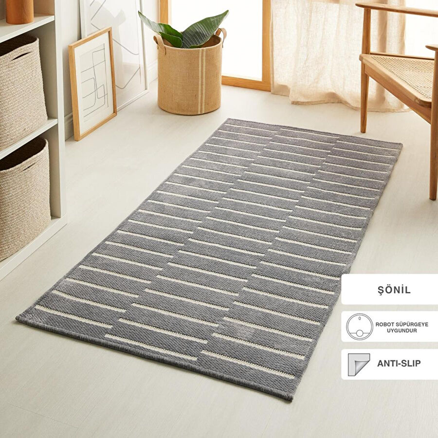 Ocean Home Textile Gri Renk Çizgi Desenli Şönil Halı Kilim 80 X 150 Cm