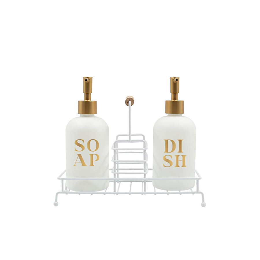 Rakle Stark Beyaz Metal Ahşap Kulplu Stand 2'li Sıvı Sabunluk Seti Beyaz 420 Cc