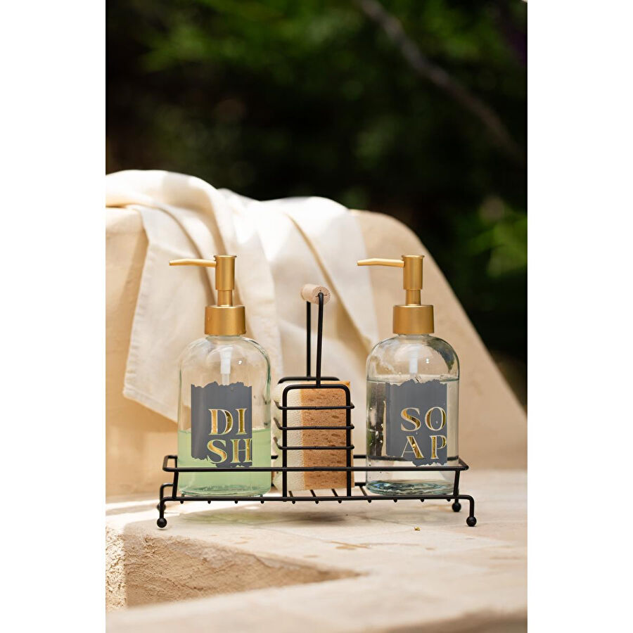 Rakle Alaska Siyah Metal Ahşap Kulplu Stand 2'li Sıvı Sabunluk Seti 420 Cc