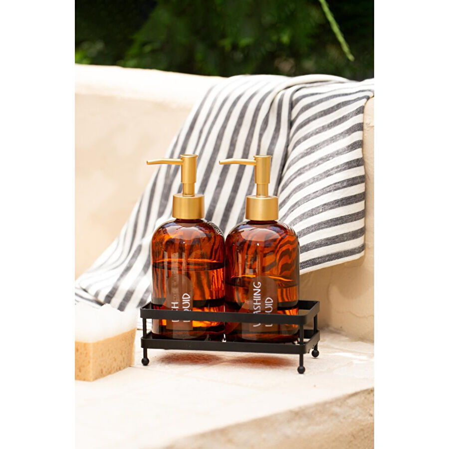 Rakle Neo Siyah Metal Kare Stantlı 2'li Sıvı Sabunluk Seti Amber 420 Cc