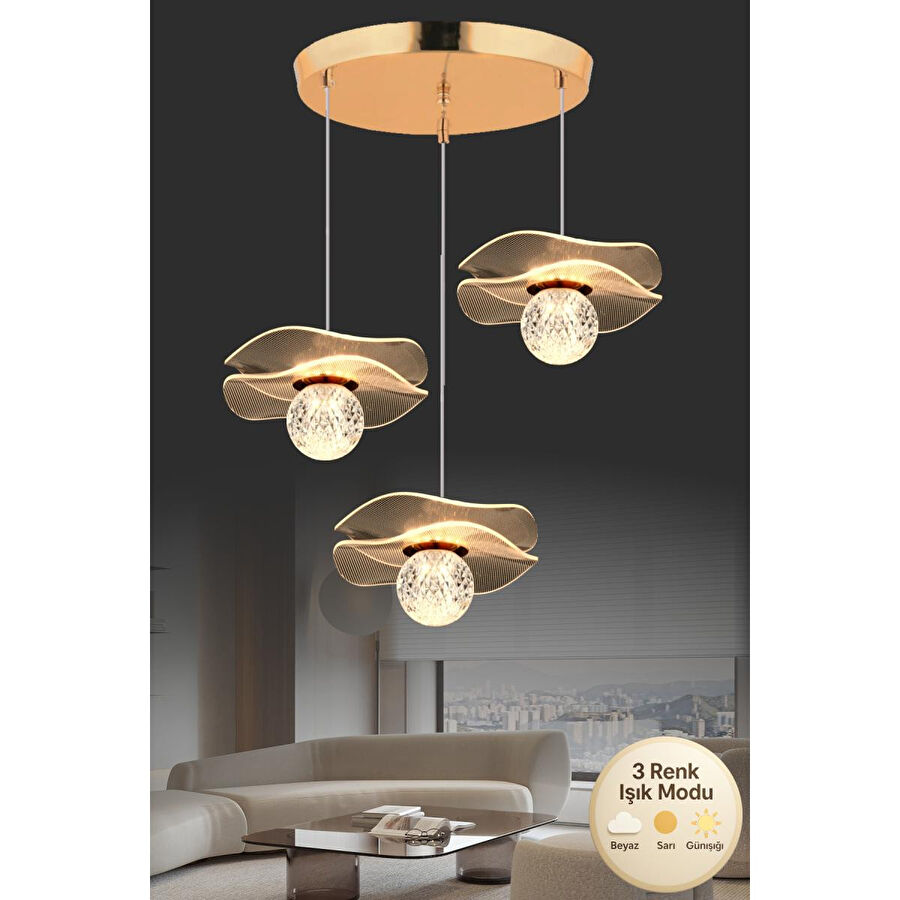 Luna Lighting Rose Model Gold Kaplama Led Sarkıt 3'lü Avize