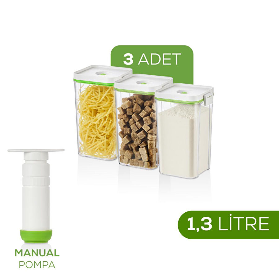 Vienev 4'lü Vakumlu Saklama Kabı Seti | 3x 1,3 Litre Kap + Manuel Pompa