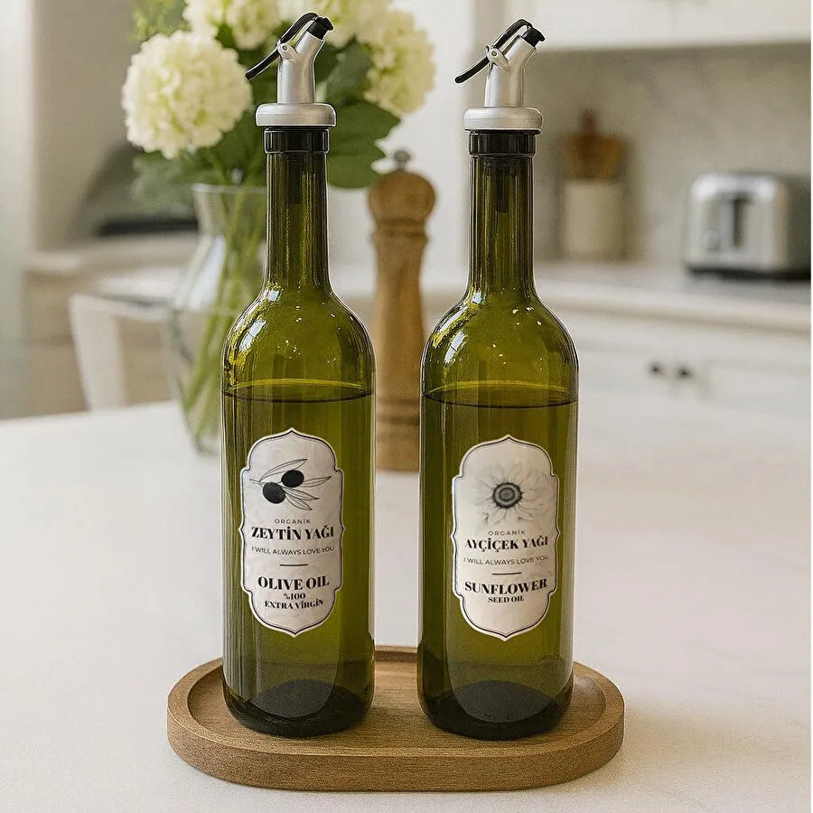 Vienev Etiketli Yeşil Cam Şişe Zeytinyağı Ve Ayçiçek Yağı Seti 750 Ml – Ahşap Standlı